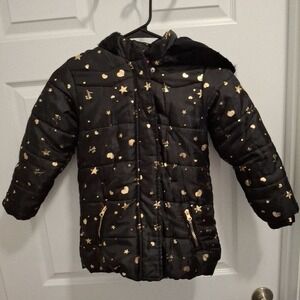 Betsey Johnson Sz 6 Girls Black Gold Hooded Quilted Stars Puffer Jacket